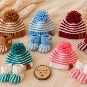 Ensemble comprenant petit bonnet et chaussons assortis pour nouveau-né