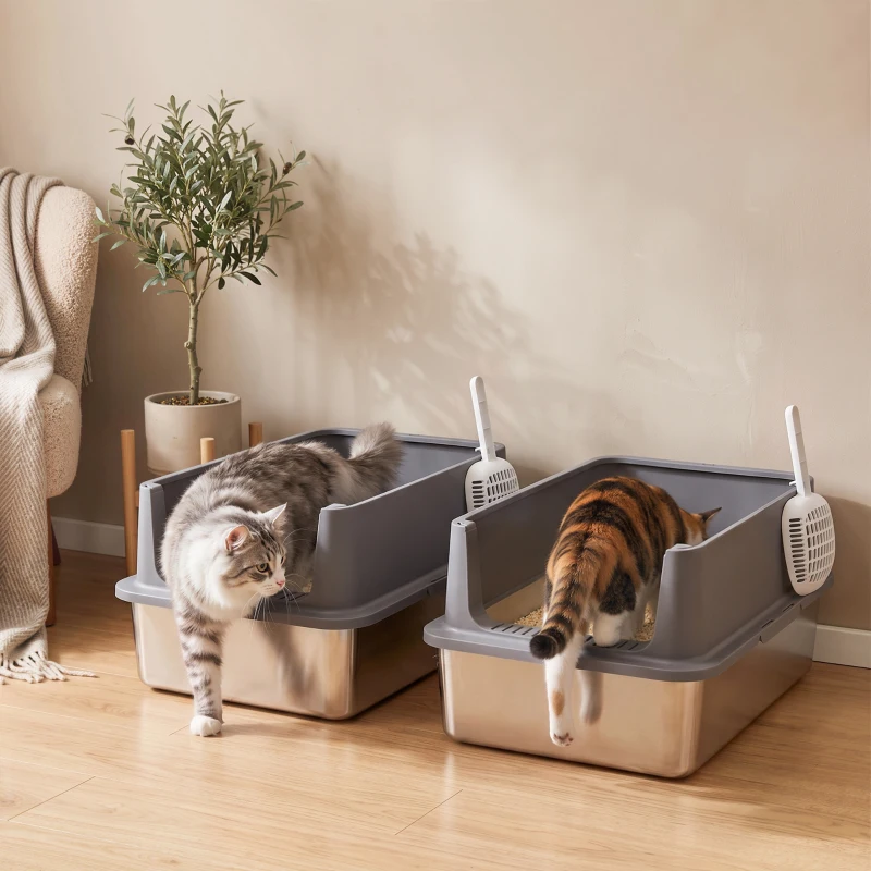 Boîte à litière XL en acier inoxydable paquet de 2 avec cuillères, à haut niveau, pour les grands chats. – Image 4