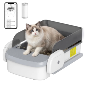 Boîte à litière automatique auto-nettoyante avec contrôle par application, ouverte.